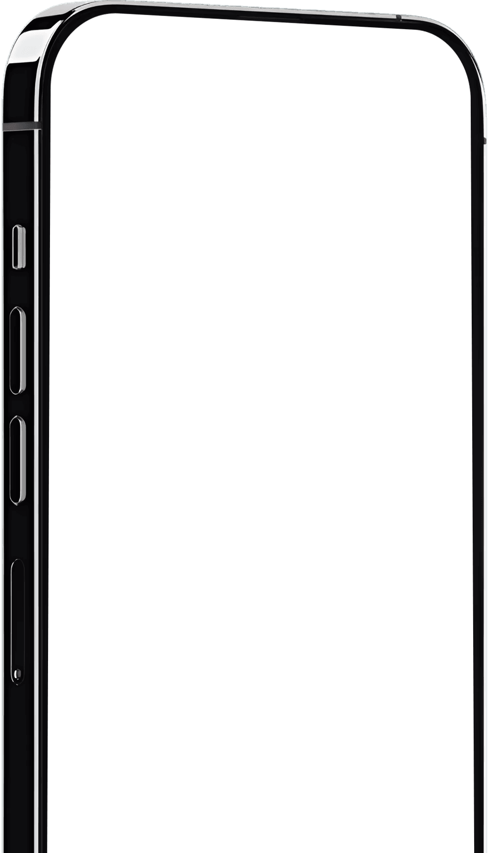 Close-up of a black smartphone showing side buttons and a blank white screen.